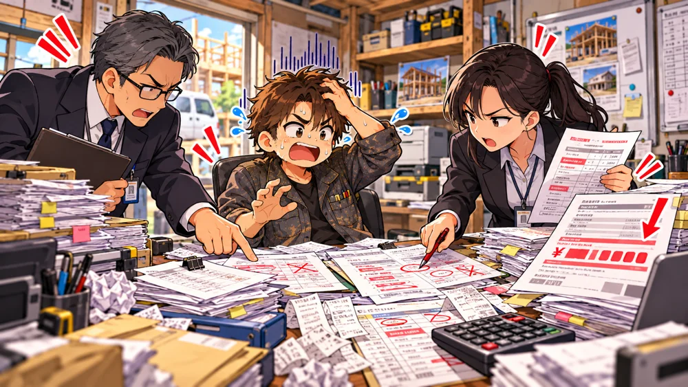税務調査で書類の誤りを指摘され慌てる職人のイラスト