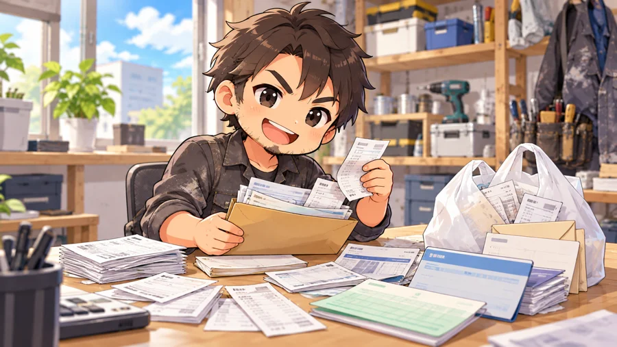 封筒やレジ袋から領収書を取り出す職人のイラスト