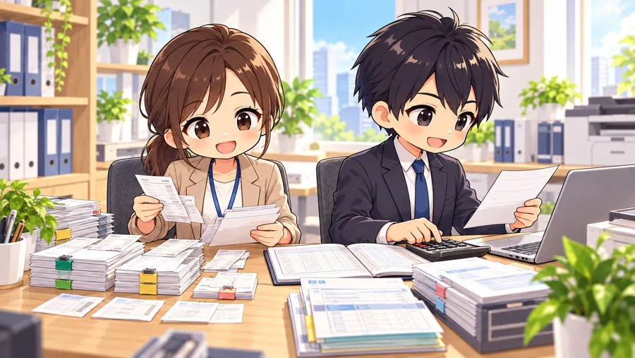 事務所で資料を整理・記帳するスタッフのイラスト