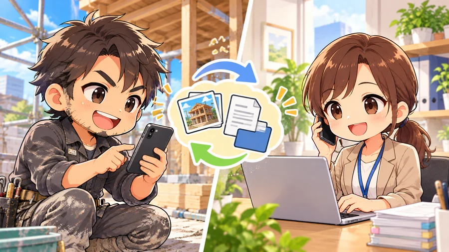 スマホで資料を送る職人と電話で受けるスタッフのイラスト