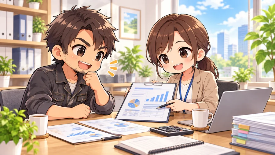 グラフを見せながら結果を説明するスタッフのイラスト