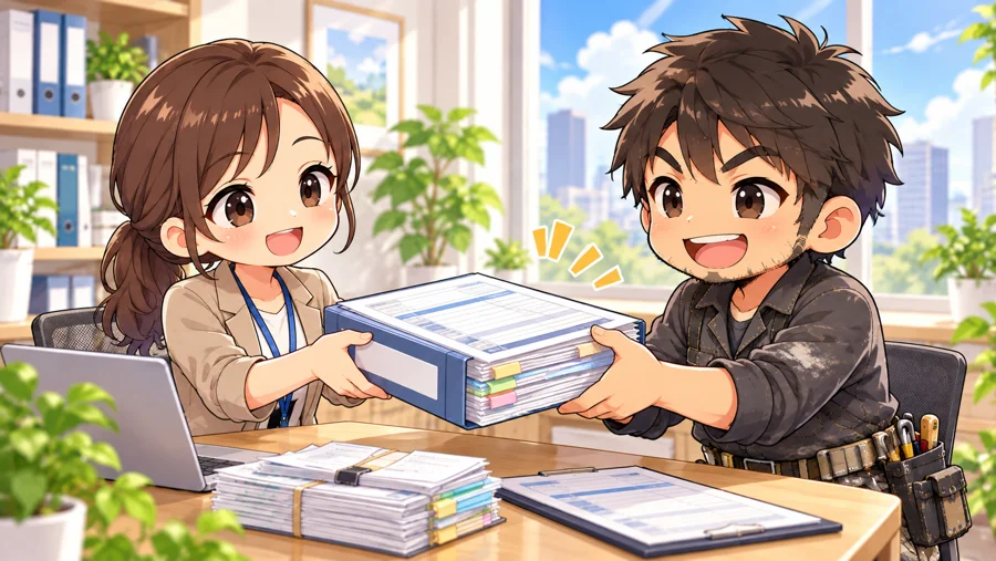 書類のファイルを受け渡す職人とスタッフのイラスト