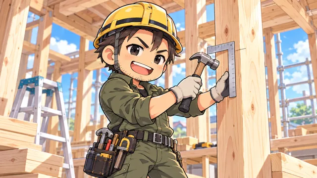 柱に金づちを打つ大工のイラスト