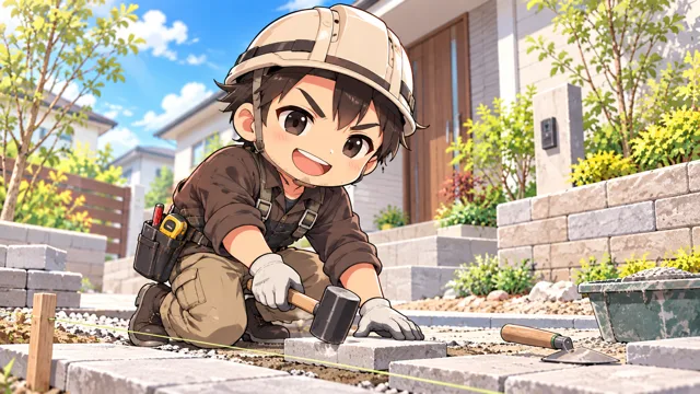 ブロックを敷く外構職人のイラスト