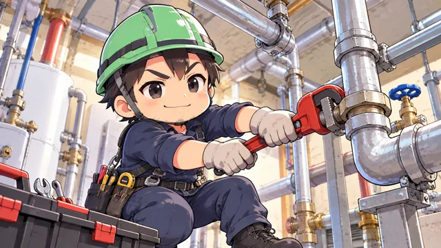 パイプレンチで配管を締める職人のイラスト