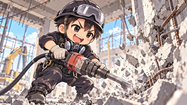 ブレーカーでコンクリートを壊す解体職人のイラスト