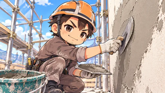 こてで壁を塗る左官職人のイラスト