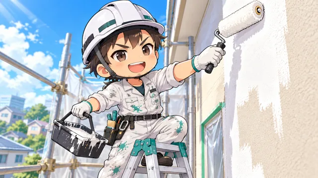 ローラーで外壁を塗る塗装職人のイラスト