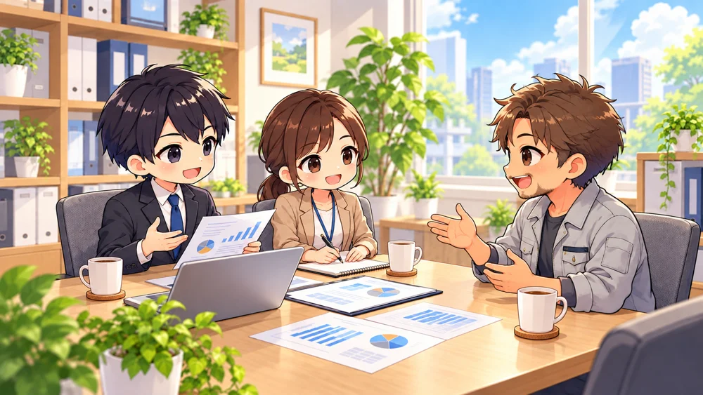 スタッフが職人さんの相談に笑顔で対応しているイラスト