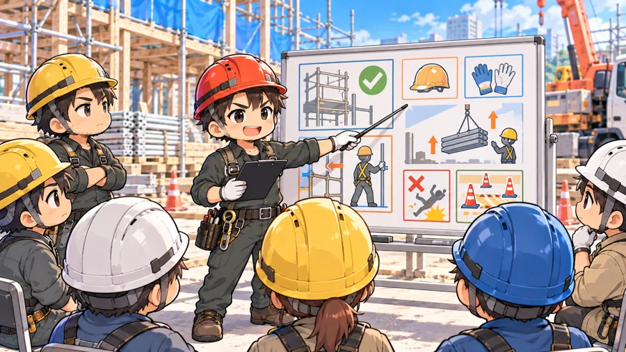 現場で安全について説明を受ける職人のイラスト