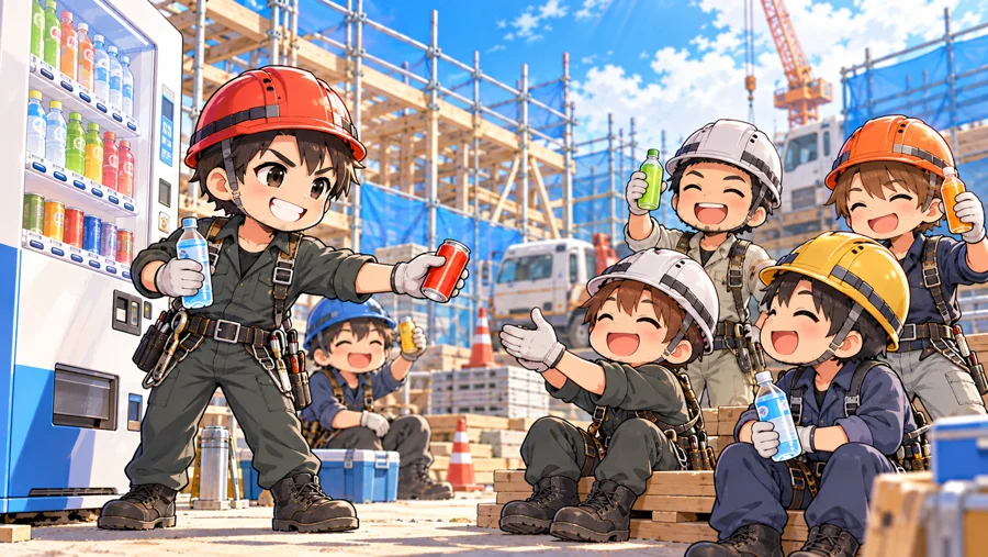 自販機の飲み物を配る職人のイラスト