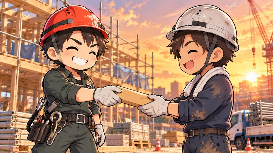 職人同士で受け渡しをするイラスト