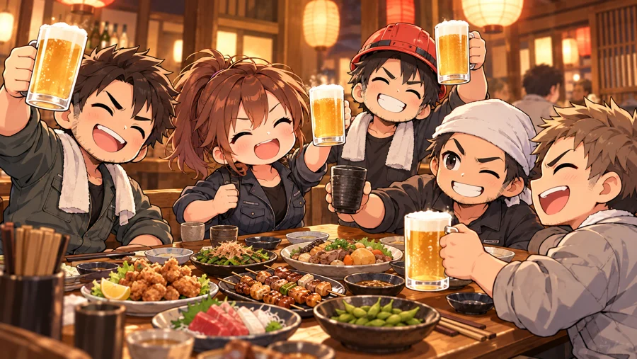 職人仲間で食事をするイラスト