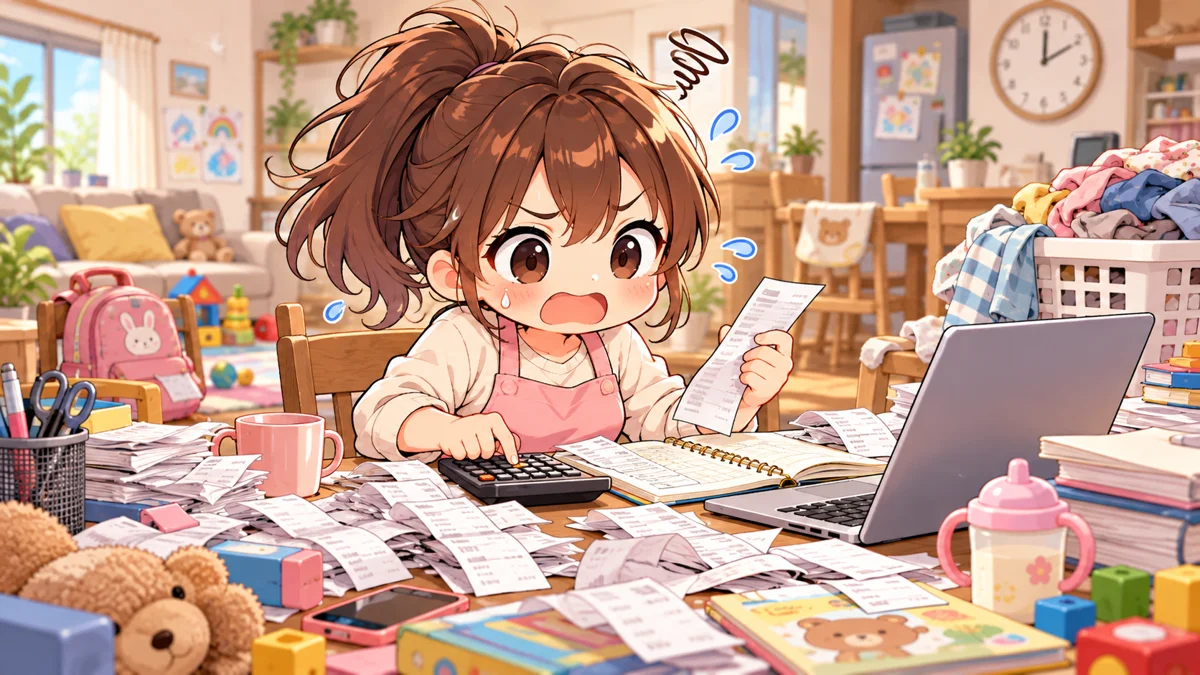 領収書の山を前に経理に追われる奥様のイラスト