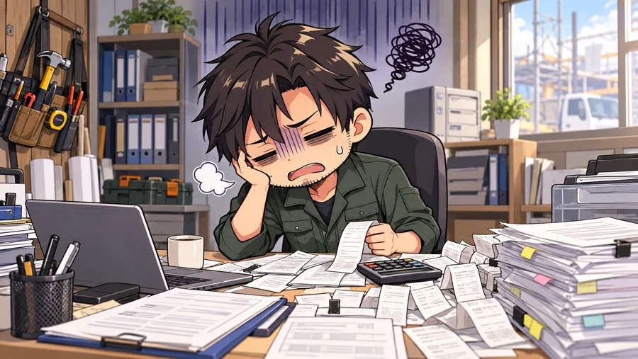 書類の山を前にため息をつく職人のイラスト